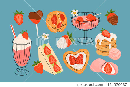 Strawberry set. Summer refreshing drinks, sweets and desserts with taste of strawberries. Chocolate strawberry. Flowers, petals, strawberries. Flat Vector hand drawn cartoon illustration isolated Strawberry set. Summer refreshing drinks, sweets and desserts with taste of strawberries. Chocolate strawberry. Flowers, petals, strawberries. Flat Vector hand drawn cartoon illustration isolated 134370087