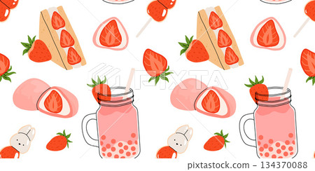 Strawberry flat vector seamless pattern. Summer drinks, sweets and desserts with taste of strawberries. Chocolate strawberry, cookie, sandwich, mochi, cheesecake, tanghulu. 134370088