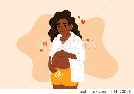 Pregnancy. Pregnant african black skin woman touching her belly with birthmark streches. Motherhood. Happy Mother's Day. Pretty women with tummy. Hand drawn flat cartoon vector illustration Pregnancy. Pregnant african black skin woman touching her belly with birthmark streches. Motherhood. Happy Mother's Day. Pretty women with tummy. Hand drawn flat cartoon vector illustration 134370098
