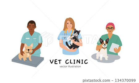 Vector collection of veterinarian checkup concept. Professional veterinarian with pets. Flat style illustration concept 134370099
