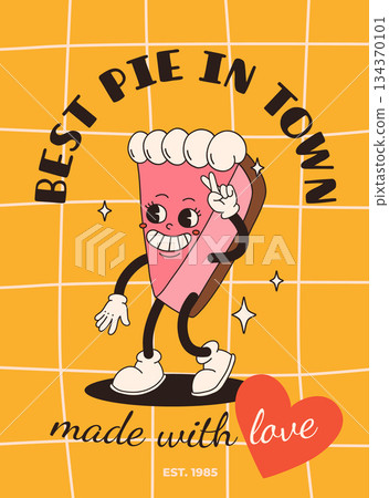 Cartoon fast food poster. Retro groovy cards with mascot food characters. Brochure design with quote text for cafe. Banner with funky groovy burger, french fries, soda, ice cream. Fast food delivery 134370101