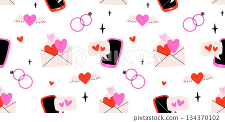 Valentines day elements vector seamless pattern. Gifts, envelope, heart, dessert, messages, candies, locks and other traditional decorations. Cartoon doodle style. Valentines day elements vector seamless pattern. Gifts, envelope, heart, dessert, messages, candies, locks and other traditional decorations. Cartoon doodle style. 134370102