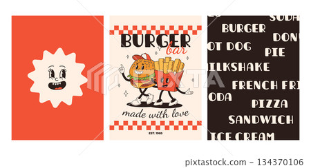 Set of fast food posters. Retro groovy cards with street food characters. Brochure with funky groovy burger, french fries, soda, ice cream, donut, pie, coffee to go, sandwich. Fast food delivery 134370106