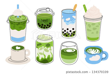 Set of Japan matcha latte. Collection of matcha drinks with latte art heart, leaf, bear, rabbit. Green iced matcha latte in various cups. Vector Illustration, flat cartoon Icons. 134370109