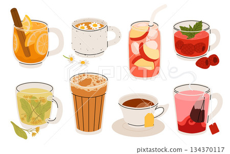 Set of herbal tea various elements and ingredients with teacups, mugs, leaves, flowers, fruits and berries isolated. Tea time, tea ceremony, party. Icon, simbol, object for label, packaging, menu Set of herbal tea various elements and ingredients with teacups, mugs, leaves, flowers, fruits and berries isolated. Tea time, tea ceremony, party. Icon, simbol, object for label, packaging, menu 134370117