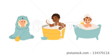 Bathing babies set. Calm kids bathing, washing themselves in bathtub. Cute little boys and girls, sweet children in bathroom. Flat cartoon vector illustrations isolated on white background Bathing babies set. Calm kids bathing, washing themselves in bathtub. Cute little boys and girls, sweet children in bathroom. Flat cartoon vector illustrations isolated on white background 134370118