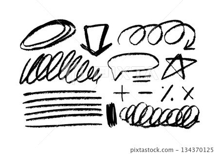 Charcoal graffiti doodle punk and grunge shapes collection. Hand drawn abstract scribbles and squiggles, creative various shapes, pencil drawn icons. Scribbles, scrawls, stars, heart, curly lines. 134370125
