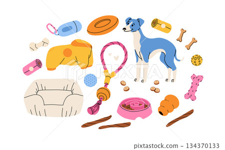 Dog accessories and toys supply set for puppy shop. Veterinary food product and care goods, dog clothes and beds. vector illustration isolated on white background Dog accessories and toys supply set for puppy shop. Veterinary food product and care goods, dog clothes and beds. vector illustration isolated on white background 134370133
