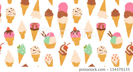 Ice cream seamless pattern. Yummy street food, confectionery snacks. Cone waffle with filling, icecream balls in cup, ice-cream in cone. Flat vector cartoon background isolated on white background Ice cream seamless pattern. Yummy street food, confectionery snacks. Cone waffle with filling, icecream balls in cup, ice-cream in cone. Flat vector cartoon background isolated on white background 134370135