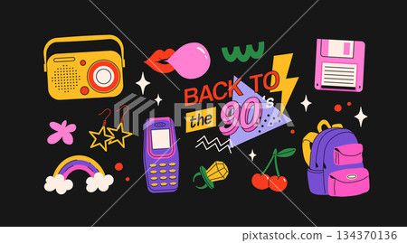 Classic 80s back to 90s elements in modern flat style. Hand drawn sticker set, vector illustration. Fashion patch, badge, emblem with vintage accessories. Classic 80s back to 90s elements in modern flat style. Hand drawn sticker set, vector illustration. Fashion patch, badge, emblem with vintage accessories. 134370136