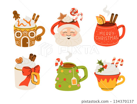 Christmas chocolate and eggnog drinks, winter holiday hot cups, vector icons. Christmas eggnog or milk punch beverages in cups and mugs, hot chocolate drinks for New Year and Xmas greeting card Christmas chocolate and eggnog drinks, winter holiday hot cups, vector icons. Christmas eggnog or milk punch beverages in cups and mugs, hot chocolate drinks for New Year and Xmas greeting card 134370137