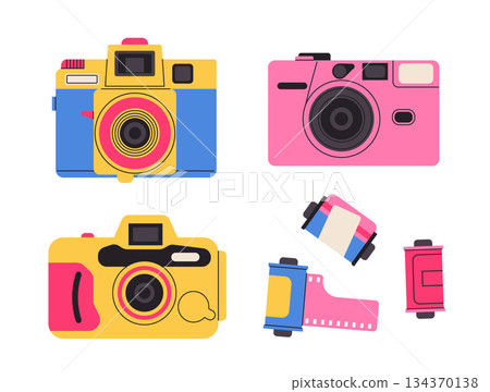 Retro film photo camera isolated on white background. Old vintage analog disposable photo camera. Hand-drawn colored flat vector illustration Retro film photo camera isolated on white background. Old vintage analog disposable photo camera. Hand-drawn colored flat vector illustration 134370138