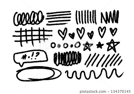 Charcoal graffiti doodle punk and grunge shapes collection. Hand drawn abstract scribbles and squiggles, creative various shapes, pencil drawn icons. Scribbles, scrawls, stars, heart, curly lines. 134370145
