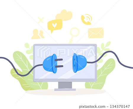 Digital detox, monitor screen with unplagged socket. Freedom from smartphones, social media and internet. Disconnect offline devices 134370147