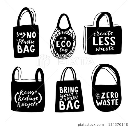 Tote bag with hand drawn lettering. Plastic Free Future and set of produce bags for shopping, storage. Flat style vector illustration for eco store, organic food shop, local market banner, vegan site 134370148