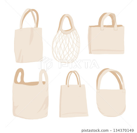 Beige fabric cloth or paper bag. Bags with recycling, green leaf and ECO. Replacement plastic bags. Save Earth ecology. Flat vector illustration isolated on white background. Zero waste. Beige fabric cloth or paper bag. Bags with recycling, green leaf and ECO. Replacement plastic bags. Save Earth ecology. Flat vector illustration isolated on white background. Zero waste. 134370149