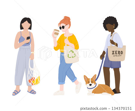 Zero waste life style. Cartoon women with natural eco products in linen bag and a string bag, shopping with zero pollution, concept healthy lifestyle isolated on white background Zero waste life style. Cartoon women with natural eco products in linen bag and a string bag, shopping with zero pollution, concept healthy lifestyle isolated on white background 134370151