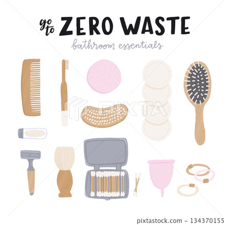 Zero waste set of bathroom essentials with display lettering. Kit of flat style eco brushes, cotton swabs, hair pick, safety razor, solid shampoo bar. Vector illustration for online shop, store, site 134370155
