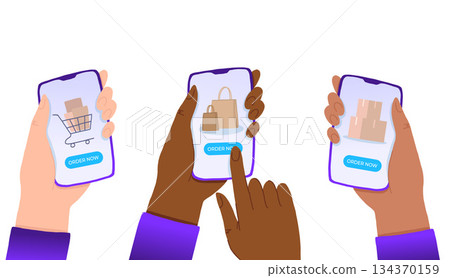 Multiracial Hands holding smartphone with order now button on the screen. E-commerce flat design concept. Using mobile smart phone for online purchasing. Order from home. 134370159