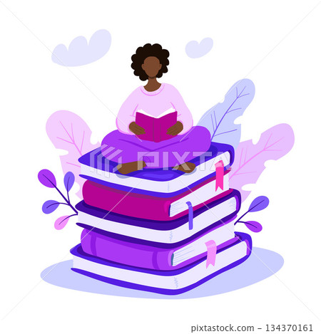 Vector illustration of young african american woman sitting on giant book pile and reading. Motivational literature fan. Violet concept illustration. Vector illustration of young african american woman sitting on giant book pile and reading. Motivational literature fan. Violet concept illustration. 134370161