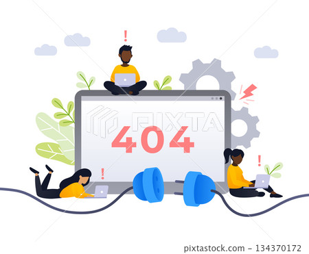 404 error page design concept. Empty screen with error, connection fail. Small african people repair the site with a problem. Trendy flat vector style. 404 error page design concept. Empty screen with error, connection fail. Small african people repair the site with a problem. Trendy flat vector style. 134370172