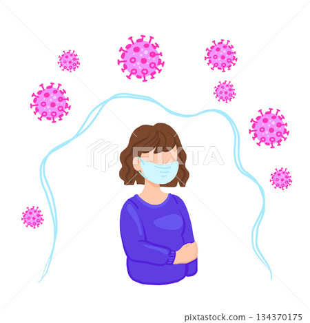 COVID-19 Wuhan Novel coronavirus 2019-nCoV, woman in shirt with blue medical face mask. Concept of coronavirus quarantine 134370175