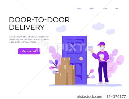 Coronavirus. Novel virus 2019-nCoV. Delivery of food. A young courier delivers the food ordered online to the door. Online shopping. coronavirus quarantine vector illustration Coronavirus. Novel virus 2019-nCoV. Delivery of food. A young courier delivers the food ordered online to the door. Online shopping. coronavirus quarantine vector illustration 134370177