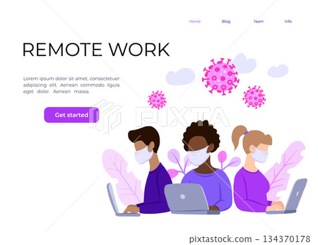 multinational team in face mask, online assistant at work. promotion in the network. remote work, searching ideas, solutions, working together on laptop in the company, quarantine from coronavirus multinational team in face mask, online assistant at work. promotion in the network. remote work, searching ideas, solutions, working together on laptop in the company, quarantine from coronavirus 134370178