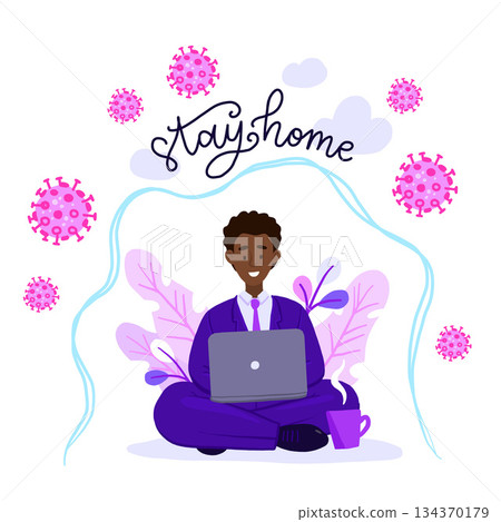 african american Man in lotus pose working on his laptop. Office worker works on quarantine at home to avoid disease. Freelancer or remote worker concept. african american Man in lotus pose working on his laptop. Office worker works on quarantine at home to avoid disease. Freelancer or remote worker concept. 134370179