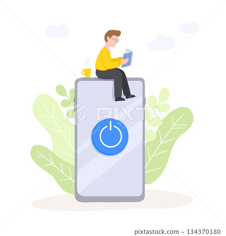 Digital detox - man is reading a book with cup of coffee. Miniature guy sitting on mobile phone. Freedom from smartphones, social media and internet. Disconnect offline devices 134370180