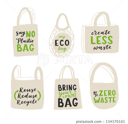 Tote bag with hand drawn lettering. Plastic Free Future and set of produce bags for shopping, storage. Flat style vector illustration for eco store, organic food shop, local market banner, vegan site Tote bag with hand drawn lettering. Plastic Free Future and set of produce bags for shopping, storage. Flat style vector illustration for eco store, organic food shop, local market banner, vegan site 134370181