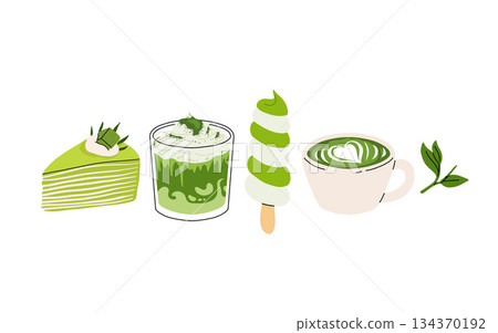 Matcha tea, latte, iced matcha. Vector set with japanese matcha desserts. Collection with mochi, cake and roll cake, pancakes, macaron, soft serve ice cream, matcha tart and cupcake with strawberry. 134370192