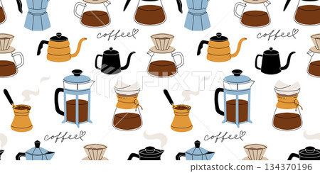 Coffee makers. French press filter and cezve for turkish coffee, chemex, moka pot. Cafe or bakery equipment for morning energy hot drinks, Flat cartoon vector seamless pattern 134370196