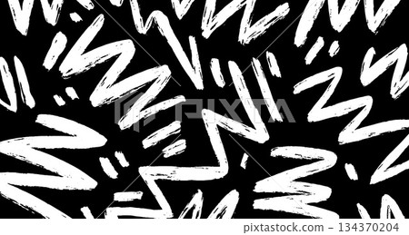 Wavy and swirled brush strokes vector pattern. Black paint freehand scribbles, abstract ink background. Brushstrokes, smears, lines, squiggle pattern. Abstract grunge scrawls wallpaper design 134370204