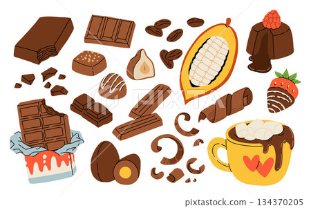 Cocoa and chocolate world day cartoon set. Sweet candies and chocolate bar, egg, cocoa pod with beans, strawberry in chocolate, fondant with raspberry on top, mug with hot chocolate and marshmallows. Cocoa and chocolate world day cartoon set. Sweet candies and chocolate bar, egg, cocoa pod with beans, strawberry in chocolate, fondant with raspberry on top, mug with hot chocolate and marshmallows. 134370205