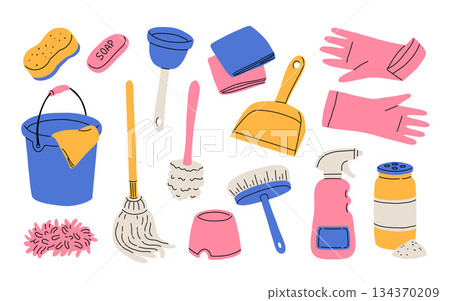 Bucket with cleaning supplies, bottles, spray, sponge, brush, gloves. Various Cleaning items. Housework concept. Hand drawn Vector illustration. All elements are isolated 134370209