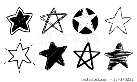 Set of black doodle style stars drawn by hand. Grunge scrawls, charcoal scribbles, rough brush strokes, underlines. Bold charcoal freehand stars. Crayon or marker scribbles 134370221