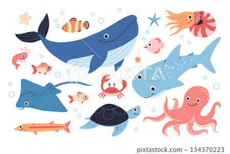 Fish and wild marine animals are isolated on white background. Inhabitants of the sea world, cute, funny underwater creatures whale, shark, ocean crabs, sea turtle. Flat cartoon vector illustration. Fish and wild marine animals are isolated on white background. Inhabitants of the sea world, cute, funny underwater creatures whale, shark, ocean crabs, sea turtle. Flat cartoon vector illustration. 134370223