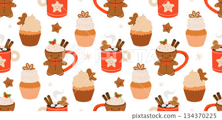 Seamless Christmas pattern with cacao drink, ginger cookie, present and lollipop. Vector illustration for textile, postcard, wrapping paper, poster, background, book, t-shirt. 134370225