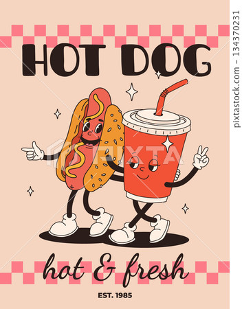 Cartoon fast food poster. Retro groovy cards with mascot food characters. Brochure design with quote text for cafe. Banner with funky groovy burger, french fries, soda, ice cream. Fast food delivery 134370231
