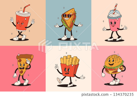 Set of fast food retro groovy cartoon character. Vintage mascot of burger, pizza, hot dog, ice cream, french fries, coffee to go, donut and soda with happy smile. Funky street food illustration 134370235