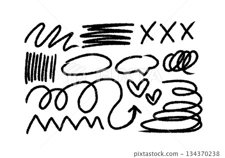 Charcoal graffiti doodle punk and grunge shapes collection. Hand drawn abstract scribbles and squiggles, creative various shapes, pencil drawn icons. Scribbles, scrawls, stars, heart, curly lines. 134370238