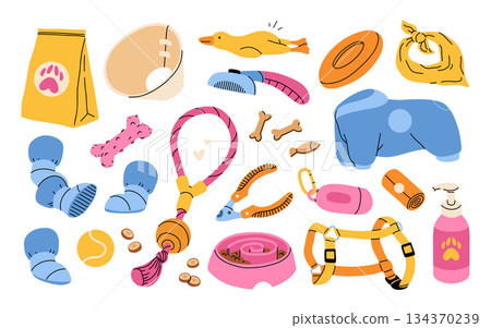 Dog accessories and toys supply set for puppy shop. Veterinary food product and care goods, dog clothes and beds. vector illustration isolated on white background Dog accessories and toys supply set for puppy shop. Veterinary food product and care goods, dog clothes and beds. vector illustration isolated on white background 134370239