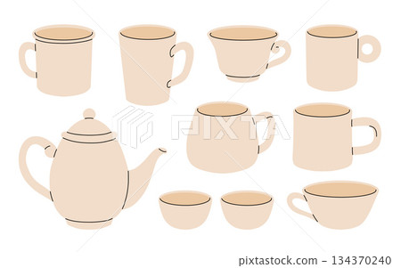 Flat cartoon tea crockery. White porcelain tableware. Ceramic utensil for tea, coffee cooking. Various mugs, cups, and pot. Vector drinking teatime set 134370240