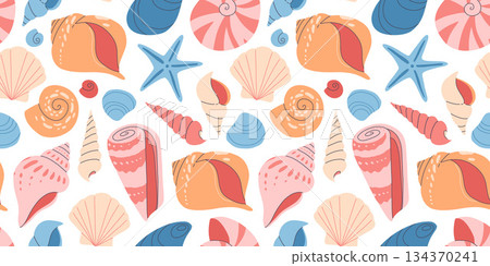 Sea shell seamless pattern. Ocean exotic underwater seashell conch aquatic mollusk, sea spiral snail collection. Tropical beach shells. Modern flat style isolated on white background. Sea shell seamless pattern. Ocean exotic underwater seashell conch aquatic mollusk, sea spiral snail collection. Tropical beach shells. Modern flat style isolated on white background. 134370241