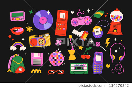 Classic 80s back to 90s elements in modern flat style. Hand drawn sticker set, vector illustration. Fashion patch, badge, emblem with vintage accessories. 134370242