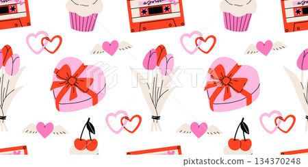 Valentine's Day seamless pattern with heart and other elements on a white background. Valentine's day, wedding and love concept. Vector background for wrapping paper, textile and others Valentine's Day seamless pattern with heart and other elements on a white background. Valentine's day, wedding and love concept. Vector background for wrapping paper, textile and others 134370248