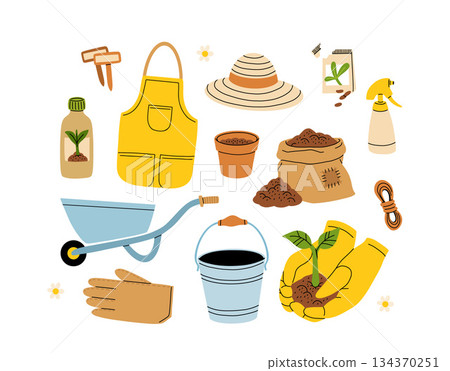 Set of gardening items in hand drawn cartoon style. Various agricultural and garden tools for spring work. Growing plants. Apron, gloves, hat, wheelbarrow, compost and fertilizer 134370251