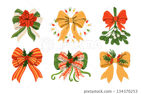 Set of various hand drawn christmas bows gift ribbons with winter botany leaves, branches, red berries. Vector flat cartoon illustration, Christmas holidays Set of various hand drawn christmas bows gift ribbons with winter botany leaves, branches, red berries. Vector flat cartoon illustration, Christmas holidays 134370253