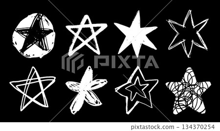 Set of white doodle style stars drawn by hand. Grunge scrawls, chalk scribbles, rough brush strokes, underlines. Bold charcoal freehand stars. Crayon or marker scribbles 134370254